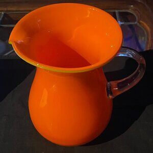 Vintage Glass Pitcher Hand Blown Orange with Clear Handle